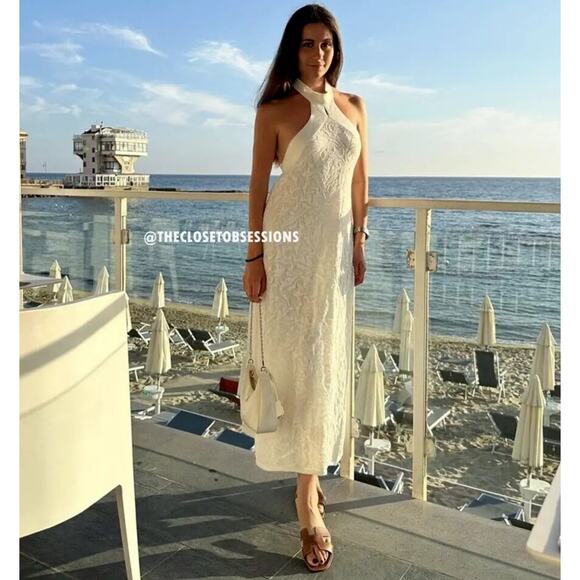 🤍 ZARA Halter Midi Dress NWT | Oyster White Open Back Textured M - Picture 8 of 16